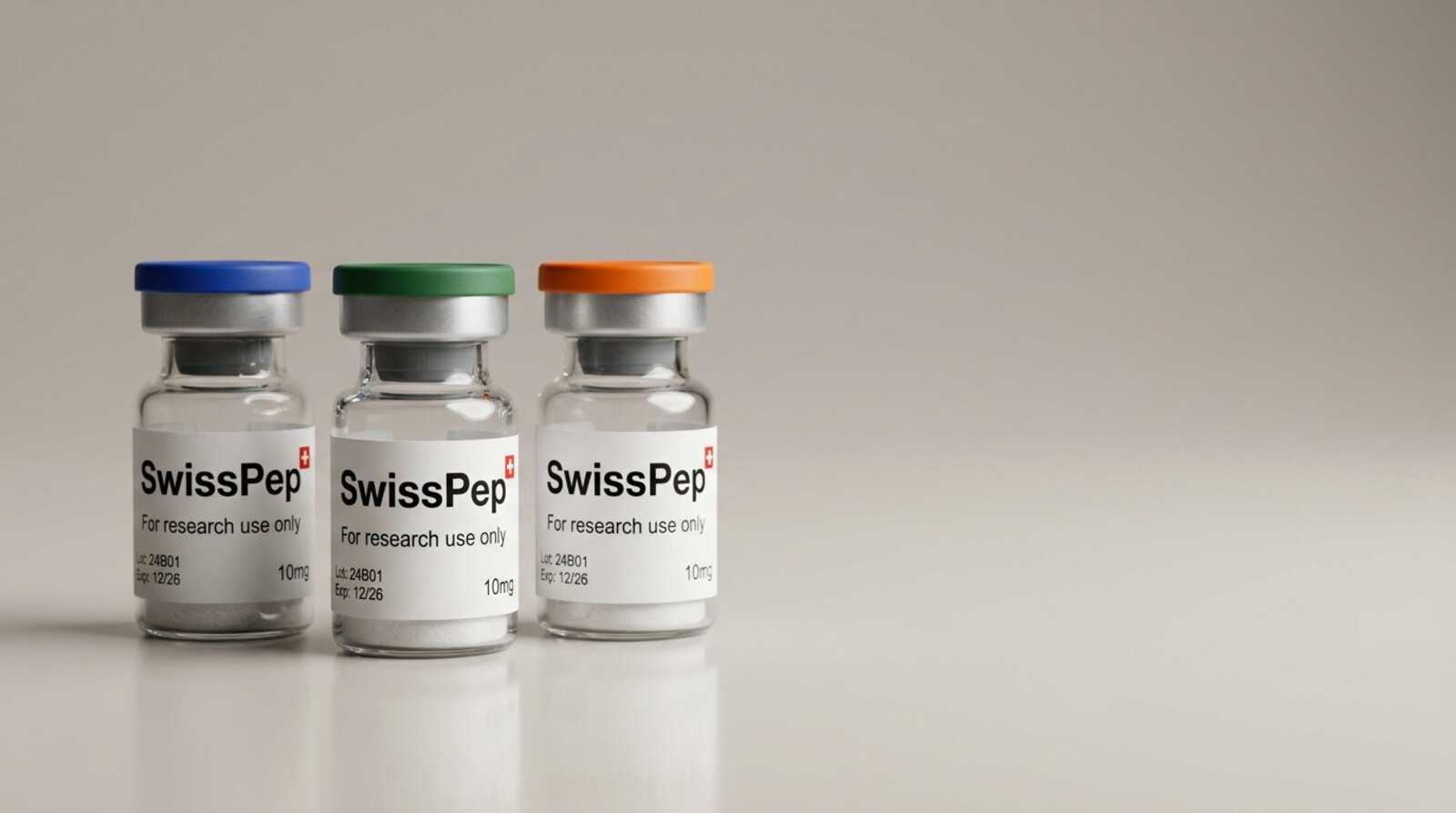 Three SwissPep research peptide vials with colour-coded caps